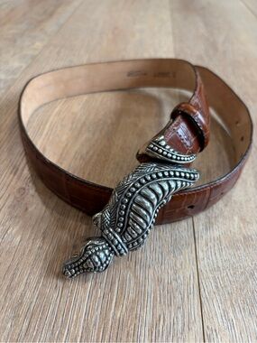 Brighton Croc Embossed Leather Belt Silver Scroll Buckle Brown Size Small